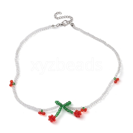 Glass Seed Beaded Cherry Pendant Necklace NJEW-JN04648-1