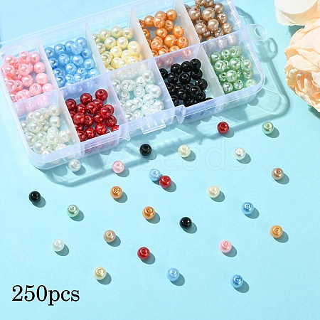 250Pcs 10 Colors Baking Painted Pearlized Glass Pearl Round Beads HY-YW0001-08-1