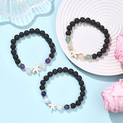 3Pcs Round Natural Lava Rock & Citrine & Lapis Lazuli & Green Aventurine & Amethyst & Madagascar Rose Quartz & Synthetic Turquoise Beads  Stretch Bracelets for Women BJEW-JB12789-1