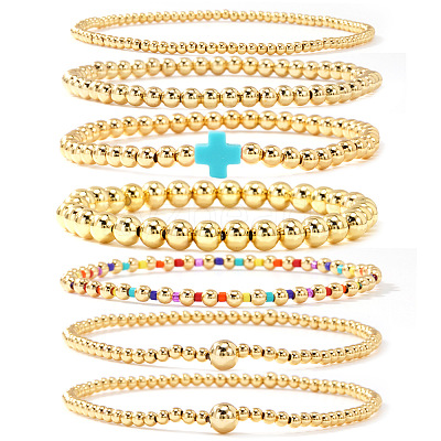 7Pcs Brass Round Beaded Bracelets for Women SB9067-11-1