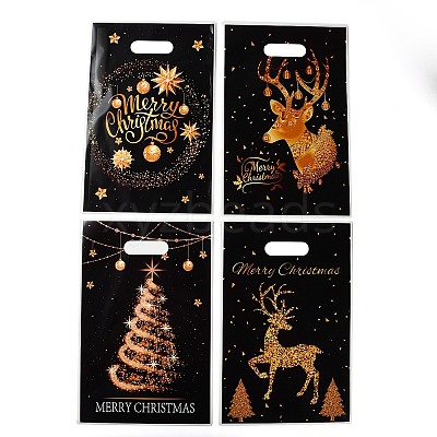 50Pcs 4 Styles Christmas Gold Deer Printed OPP Cellophane Packaging Bags with Die Hole Handles ABAG-C013-08-1