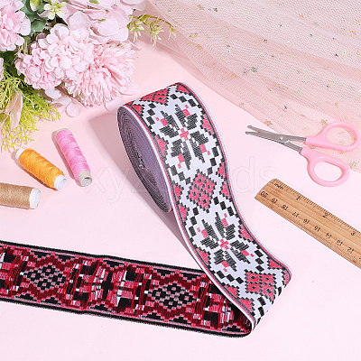 Rhombus Pattern Ethnic Style Embroidery Floral Polyester Ribbons OCOR-WH0070-324B-1