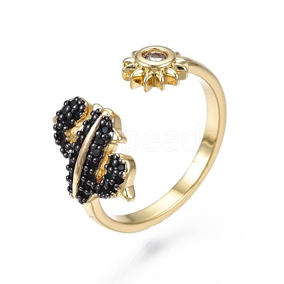Black Cubic Zirconia Cactus and Sun Open Cuff Ring for Women RJEW-N035-087-1