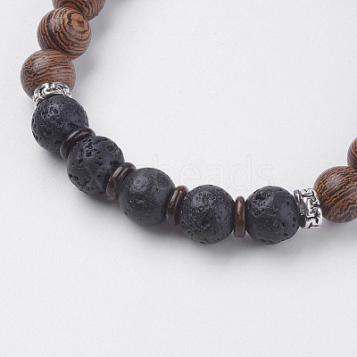 Natural Lava Rock & Wenge Wood Beads & Coconut Stretch Bracelets BJEW-I241-03I-1