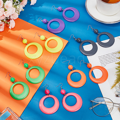 6 Pairs 6 Colors Donut Resin Dangle Earrings with Iron Pins for Women EJEW-AN0004-14-1