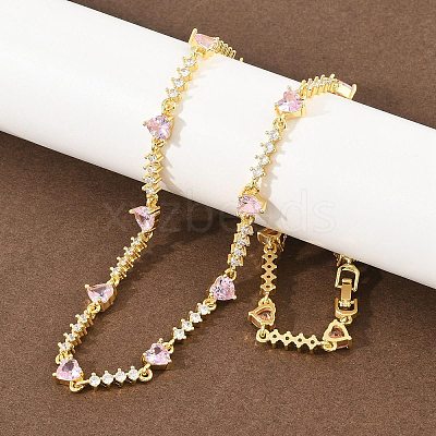 Brass Pave Pink Cubic Zirconia Heart Link Chain Necklaces KK-CBA4547-16A-G-1
