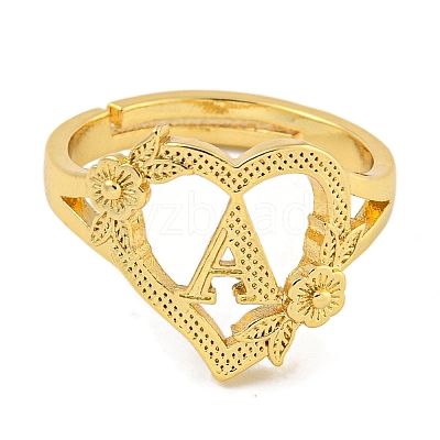 Heart with Letter & Flower Rack Plating Brass Adjustable Rings for Women RJEW-I105-05G-A-1