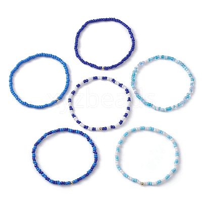 6Pcs Glass Seed & Brass Beaded Stretch Bracelets Set BJEW-JB09538-03-1