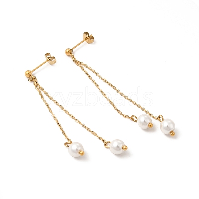 Glass Pearl Tassel Dangle Stud Earrings EJEW-P219-20G-1