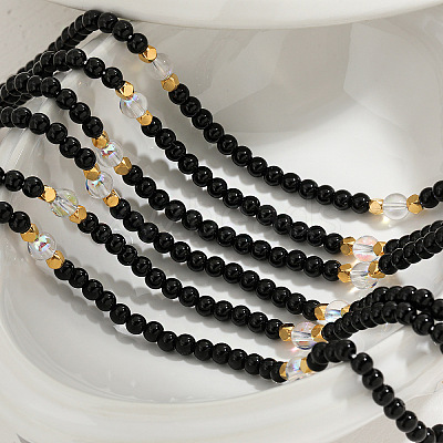 Elegant Round Natural Black Onyx(Dyed & Heated) & Glass & Freshwater Pearl Beaded Necklaces WB9753-1