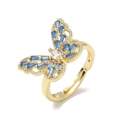Adjustable Brass Butterfly Finger Rings with Light Blue Cubic Zirconia CU-CBA7E55-18G-02-1