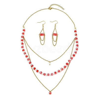 Rondelle 304 Stainless Steel & Glass Beaded Layered Necklace and Earring Set Set for Women SJEW-JS01384-02-1
