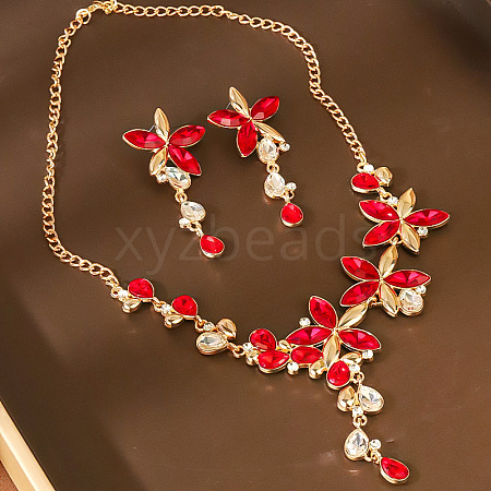 Flower Alloy Glass Rhinestone Bib Necklace & Dangle Stud Earring Jewelry Sets for Women FS-WG6A5BE-01-1