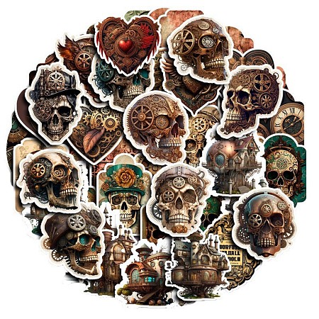 50Pcs Halloween Steampunk Skull PVC Adhesive Sticker Sets PW-WG79286-01-1