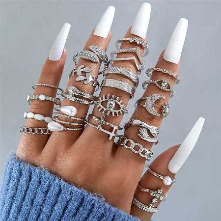 23Pcs 23 Style Alloy Open Cuff Rings Set with Rhinestone PW-WG99792-01-1