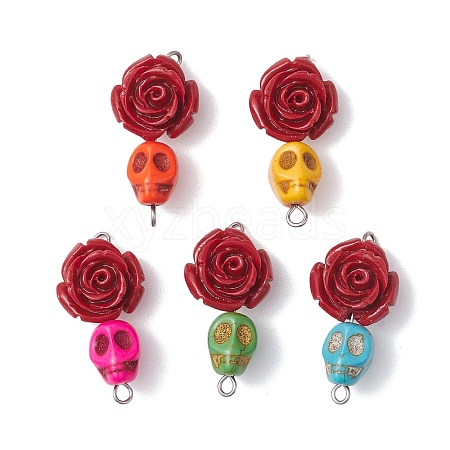 5Pcs 5 Colors Synthetic Coral & Turquoise Dyed Flower Skull Connector Charms PALLOY-JF02783-1