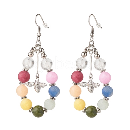 Natural Mixed Gemstone Braided Teardrop Dangle Earrings with Brass Bee Charms EJEW-JE04951-03-1