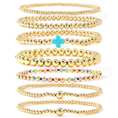 7Pcs Brass Round Beaded Bracelets for Women SB9067-11-1