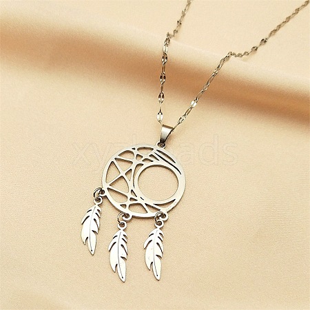 Non-Tarnish Woven Net/Web with Feather 304 Stainless Steel Pendant Necklaces for Women NJEW-G087-09P-1