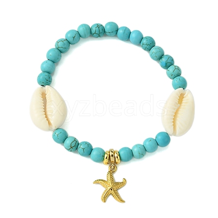 6mm Round Synthetic Turquoise & Natural Shell Beaded Stretch Bracelets BJEW-JB10579-1