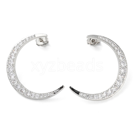 Moon Rack Plating Brass Micro Pave Clear Cubic Zirconia Stud Earrings for Women EJEW-A045-05P-1