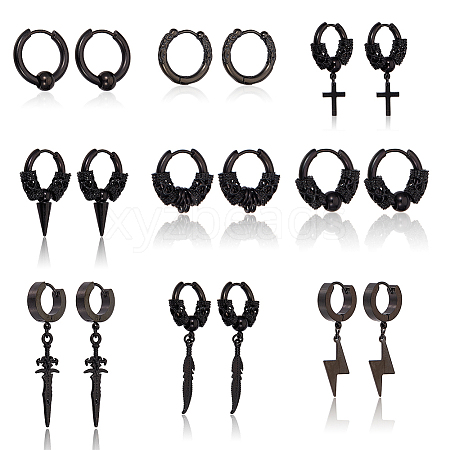 ANATTASOUL 18Pcs 9 Style 304 Stainless Steel Cone & Column Beaded Hoop Earrings EJEW-AN0003-34-1