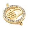 Rack Plating Brass Micro Pave Clear Cubic Zirconia Flat Round with Hamsa Hand Connector Charms KK-A234-039G-2