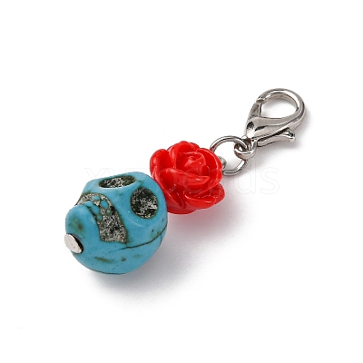 Skull Synthetic Turquoise & Resin Rose Pendant Decorations HJEW-JM03999-1