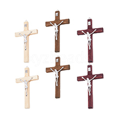 6Pcs 3 Colors Religion Cross Wood Big Pendants WOOD-DC0001-18-1