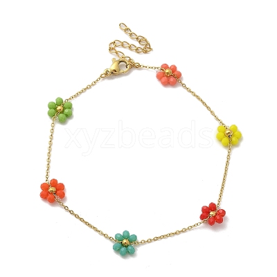304 Stainless Steel & Synthetic Stone Daisy Flower Chain Anklets for Women AJEW-B031-01G-03-1