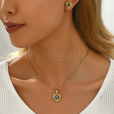 Vintage 201 Stainless Steel & Plastic Heart with Evil Eye Stud Earrings & Pendant Necklaces Set for Women JC7248-1