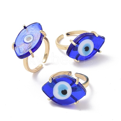 Lampwork Oval with Evil Eye Open Cuff Ring RJEW-I086-13G-01-1