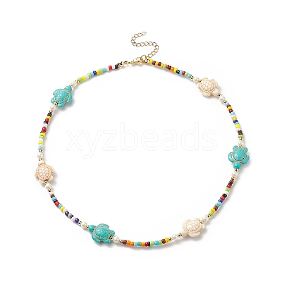 Tortoise Dyed Synthetic Turquoise & Shell Pearl & Glass Seed Beaded Necklace NJEW-TA00054-1