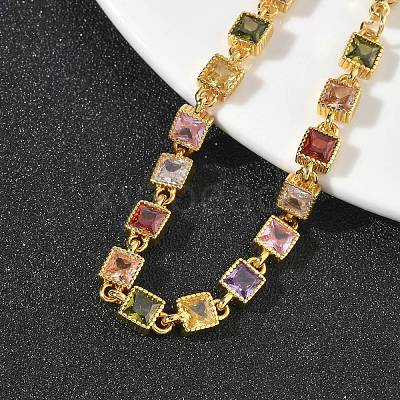 Square Brass Pave Cubic Zirconia Link Chain Bracelets for Women BJEW-P385-04G-1