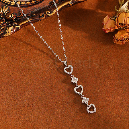 Brass Pave Clear Cubic Zirconia Heart Tassel Long Pendant 304 Stainless Steel Cable Chain Necklaces for Women WGA7C59-04-1