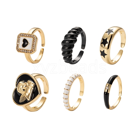 6Pcs 6 Style Golden Brass Cuff Rings RJEW-LS0001-04-1