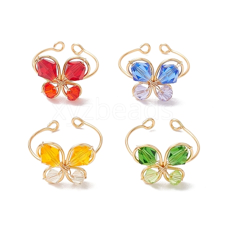 4Pcs 4 Colors Butterfly Glass Finger Rings RJEW-TA00146-1