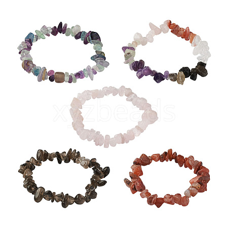 Fashewelry 5Pcs 5 Style Natural Mixed Stone Chip Beads Stretch Bracelets for Women BJEW-FW0001-03-1