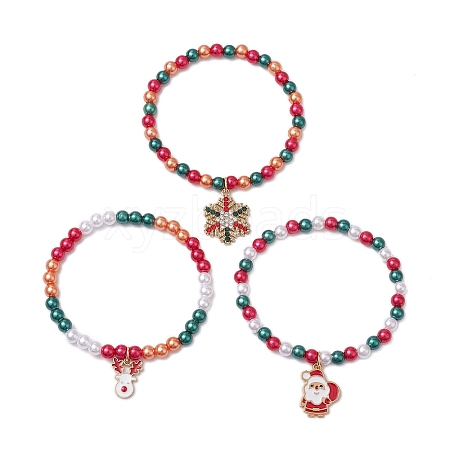 3Pcs 3 Styles Christmas Theme Acrylic Imitation Pearl & Alloy Enamel Stretch Charm Bracelet Sets for Women BJEW-JB11200-1