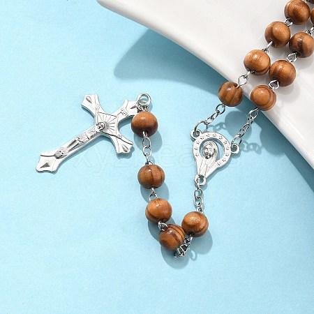 Religious Prayer Pine Wood Beaded Lariat Necklace BJEW-O140-04P-1