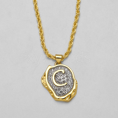 Brass Crystal Rhinestone Oval with Letter Pendant Necklaces FS-WG7CB6D-01-1