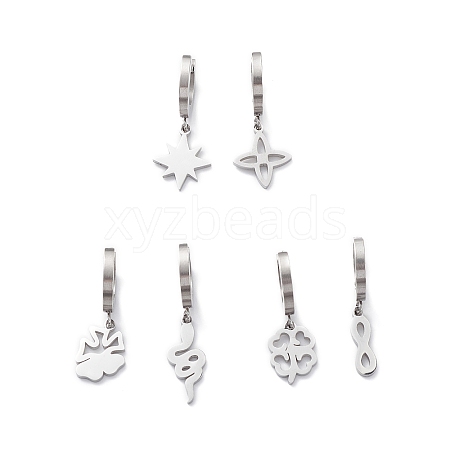 3 Pair 3 Style Star & Clover & Snake & Infinity 304 Stainless Steel Asymmetrical Earrings EJEW-B020-14P-1