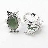 Owl Brass Natural Green Aventurine Finger Rings RJEW-L074-11-1