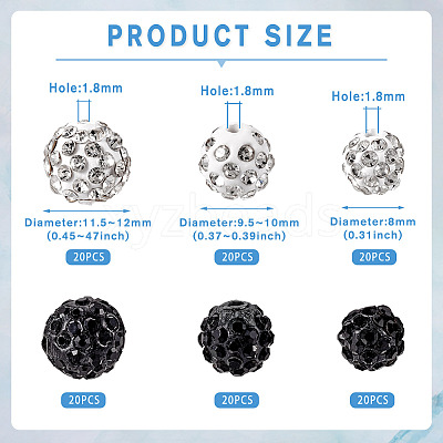 120Pcs 6 Styles Rhinestone Pave Disco Ball Beads RB-TA0001-14-1