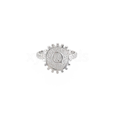 Non-Tarnish 304 Stainless Steel Flat Round with Initial Letter Open Cuff Ring for Men Women RJEW-S405-246P-Q-1