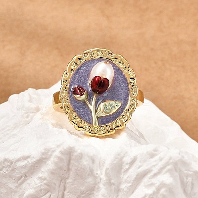 Flower Pattern Brass Enamel & Natural Freshwater Pearl Open Cuff Rings for Women RJEW-G342-01G-02-1