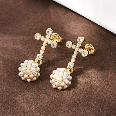 Brass Micro Pave Clear Cubic Zirconia Cross with Half Round Dangle Stud Earrings EJEW-L275-05G-1