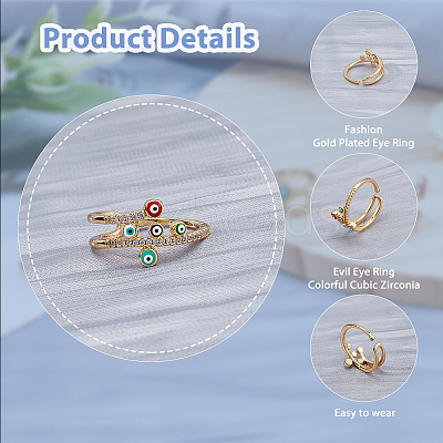 4Pcs 4 Styles Colorful Enamel Evil Eye Open Cuff Rings with Clear Cubic Zirconia RJEW-FI0001-07-1