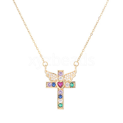 Brass Pave Colorful Cubic Zirconia Cross with Angel Wings Pendant Necklaces for Women WGF2102-01-1