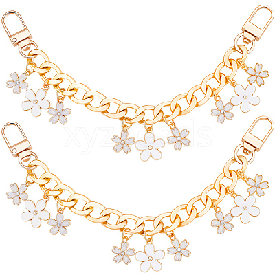 2Pcs Alloy Enamel White Flower Pendant Aluminum Curb Chain Bag Decorative Chains HJEW-BBC0001-36-1
